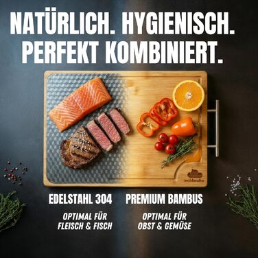 Двостороння обробна дошка з нержавіючої сталі та бамбуку | Кухонна дошка з жолобком для соку та металевим руків'ям | Антибактеріальна дерев'яна дошка для кухні | Велика дошка з бамбуку | Розділочна дошка 40x30x2 см