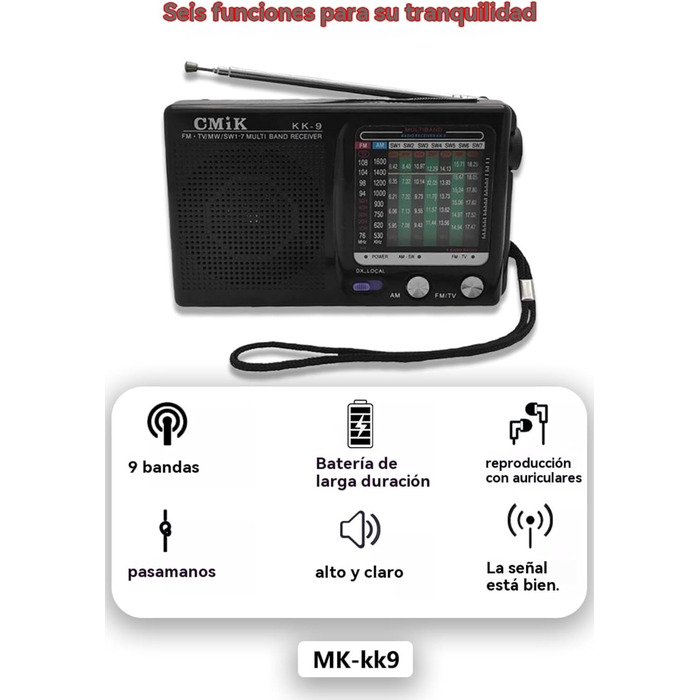 Портативне радіо Raypow 9-діапазонів FM/AM/SW1~SW7, транзисторне, з акумулятором 2 AA, компактне, потужний динамік, для дому та вулиці, чорне