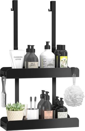 Настінна поличка для душу без свердління, чорна, з 4 гачками. Органайзер для шампуню та інших аксесуарів у ванну кімнату та кухню. Підходить для безрамкових скляних дверей.