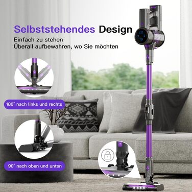 Бездротовий акумуляторний пилосос 28KPa з LED-дисплеєм, антинамотувальною щіткою та змінним акумулятором. Підходить для твердих поверхонь, килимів та видалення шерсті тварин (фіолетовий)