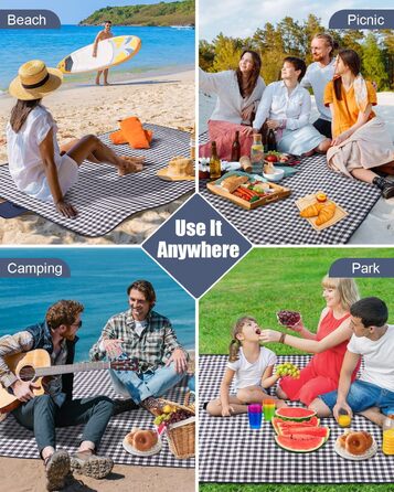 Плед для пікніка LIVEHITOP водонепроникний XXL (150x200 см) синій в клітку - для пляжу, кемпінгу, парку, BBQ