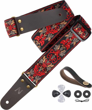 Гітарний ремінь Nefelibata: 2 шт., вишиті, з повним шкіряним краєм, прихованою кишенею, для бас-, електро- та акустичних гітар, безкоштовна пряжка, замок та медіатори. Червоний ретро-квітка