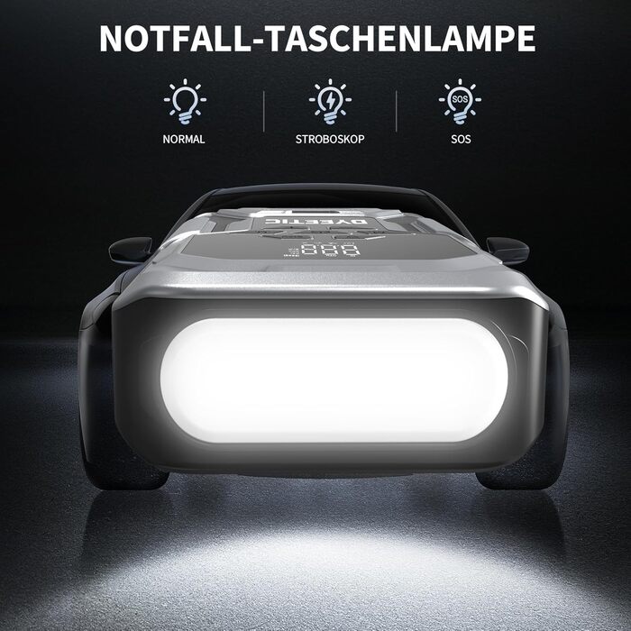 Powerbank Starthilfe 6000A з компресором 150PSI: портативний пусковий пристрій для авто/мото (бензин, 10.0L дизель) з LED ліхтариком QC3.0, срібний