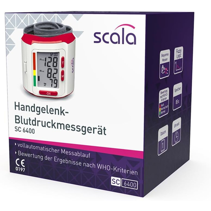 Тонометр на зап'ястя Scala SC 6400 - точний вимірювач артеріального тиску з індикатором ВООЗ, 85 місця пам'яті, Fuzzy Logic, з коробкою та батарейками, манжета 13,5-19,5 см