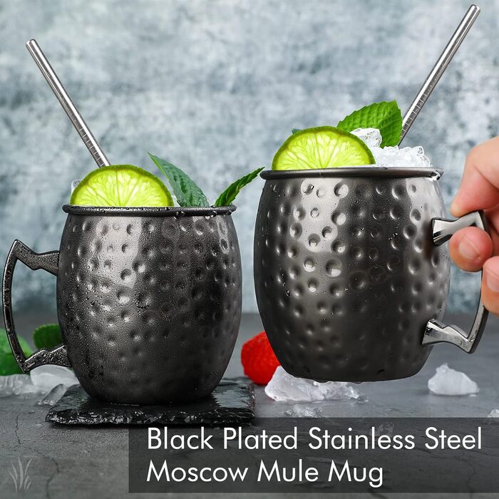 Moscow Mule Mug Set with 4 Black Moscow Mule Cups, 530 ml, Gunmetal Black Plated, Stainless Steel Cups, Double Measuring Cups, Chilled Cold Drinks, Cocktail Cups, Drinkware with Gift Box