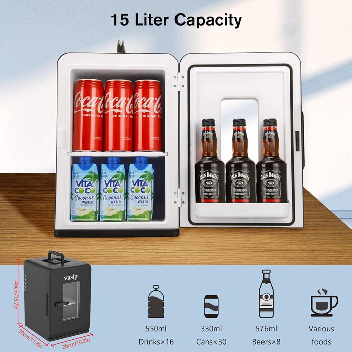 Міні-холодильник Vasip 15L з охолодженням та нагріванням, 220V/12V DC - для дому, офісу, кемпінгу та авто