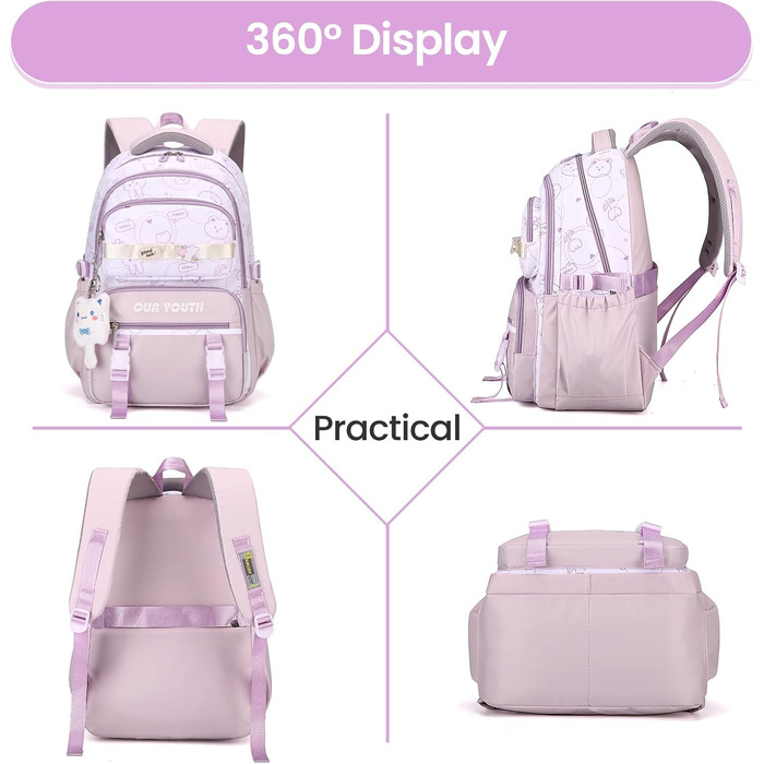 Дитячий рюкзак IvyH для дівчаток: водонепроникний, велика місткість, 2-6 клас, для школи, гімназії, університету, фіолетовий
