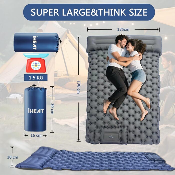 iHEAT Self-Inflating Camping Sleeping Pad with Foot Pump, Ultralight Air Mattress with Pillow, Waterproof Compact Sleeping Mat for Outdoor, Hiking, Backpacking, Camping, Beach (Blue)