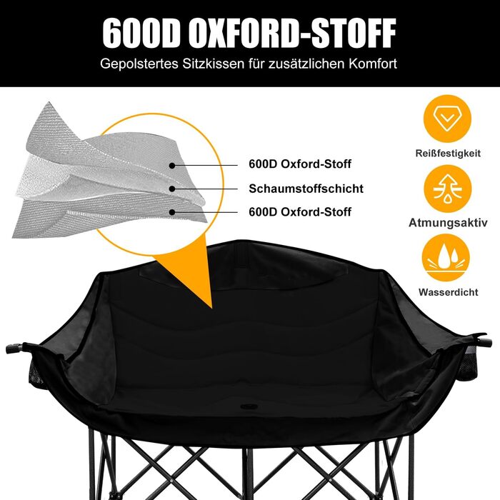 Кампанінг стілець подвійний великий з підлокітниками та підсклянником, складаний для 2 осіб, чорний - для кемпінгу та відпочинку на природі