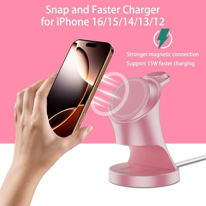 3-в-1 Мережевий Зарядний Пристрій MagSafe, Бездротова Зарядка для iPhone 17/16/15/14/13/12/Plus/Pro Max/Mini, Apple Watch 9/8/7/6/SE/5/4/3/2, AirPods Pro/2/3 (Рожевий)