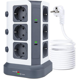 Блок розеток KOOSLA з USB-C, 12 розеток, 3680W/16A, захист від перенапруги 1500J, індивідуальне вмикання, 5м кабель, сірий