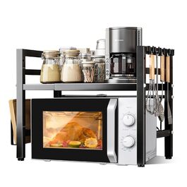 Регульована полиця для мікрохвильової печі UCAMP, розширювана, 2-рівнева, з вуглецевої сталі, для організації кухні, з підставкою для обрізної дошки та 6 гачками (чорна)