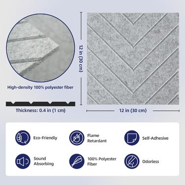 Самоклеючі акустичні панелі Vieshful 30x30x1 см, звукопоглинаючі панелі для стін та стелі (10 шт, сірі) для студії, офісу та спальні