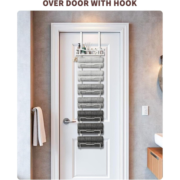 Настінний тримач для рушників на двері, 6 секцій, без свердління, для маленьких ванних кімнат, білий (8 тварин)