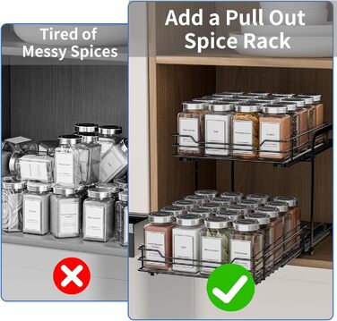 Висувна полиця для спецій у шафу, 2 яруси, регульована висота, чорний колір, органайзер для спецій, органайзер для кухні, розмір 23.8x26.4x23 см