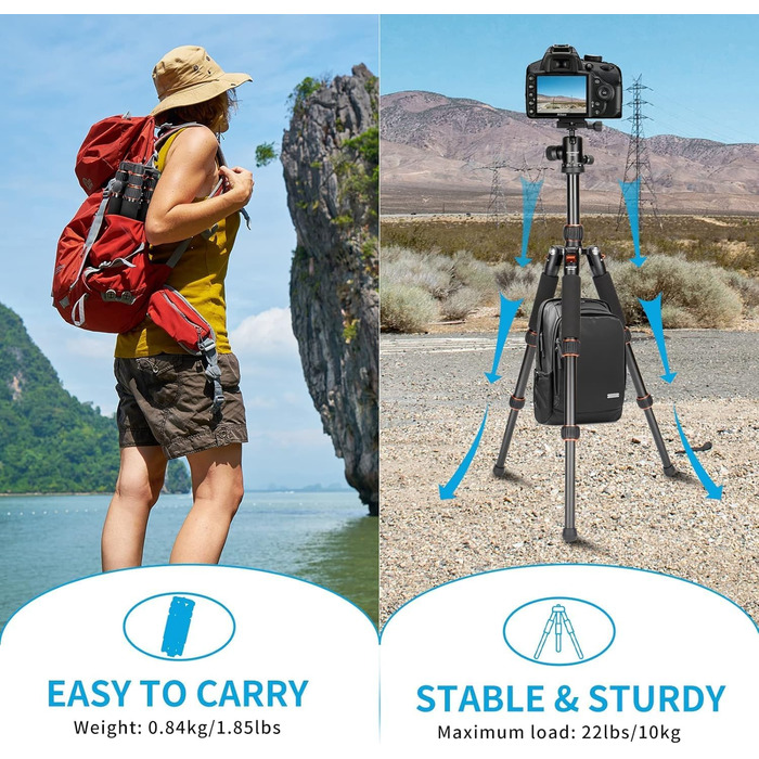 Міні штатив Koolehaoda для камери з алюмінію, 63 см, портативний, з кульковою головкою 360° та QR-платформою для DSLR/відеокамер, до 10 кг (Помаранчевий)