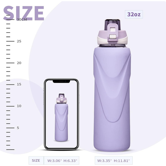 1 liter / 1l Drinking Bottle Glass with Straw BPA Free Glass Bottle with Silicone Sleeve Borosilicate Glass Water Bottle (Light Purple)
