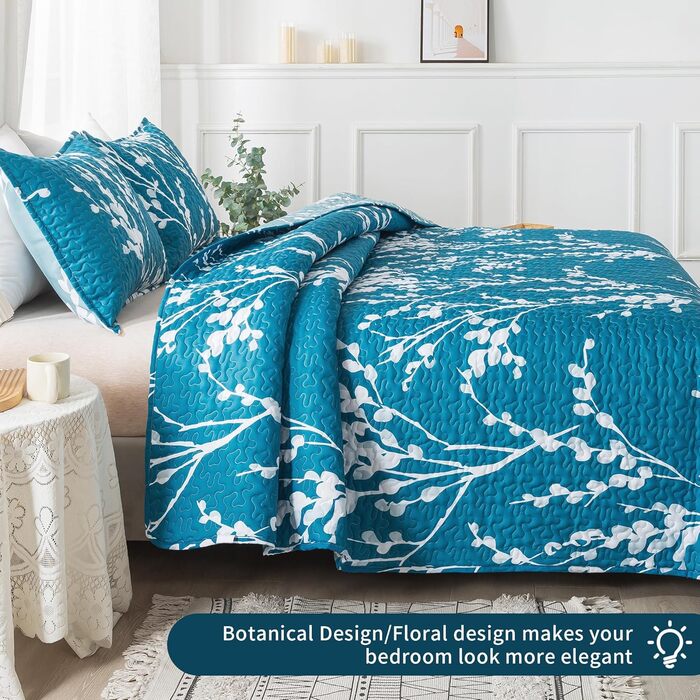 Набір постільної білизни Andency з квітковим принтом, King-Size (277x244 см), 3-частини (блакитно-зелена ковдра з принтом та 2 наволочки), літній, легкий, двосторонній, мікрофібра, блакитно-зелений, 