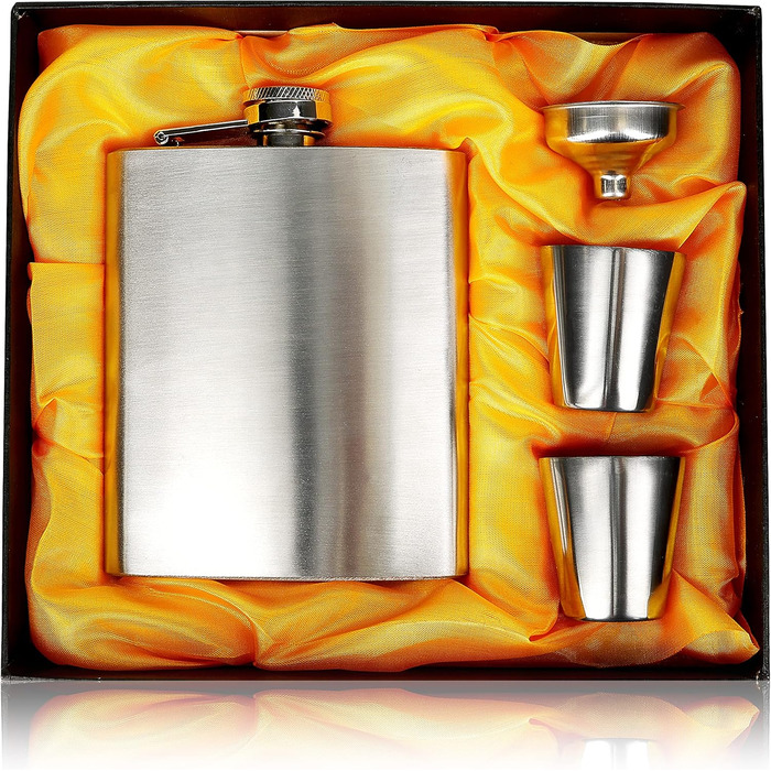 Фляга з нержавіючої сталі з 2 склянками для шнапсу та воронкою в подарунковій коробці, з гвинтовим кришкою, кишенькова пляшка