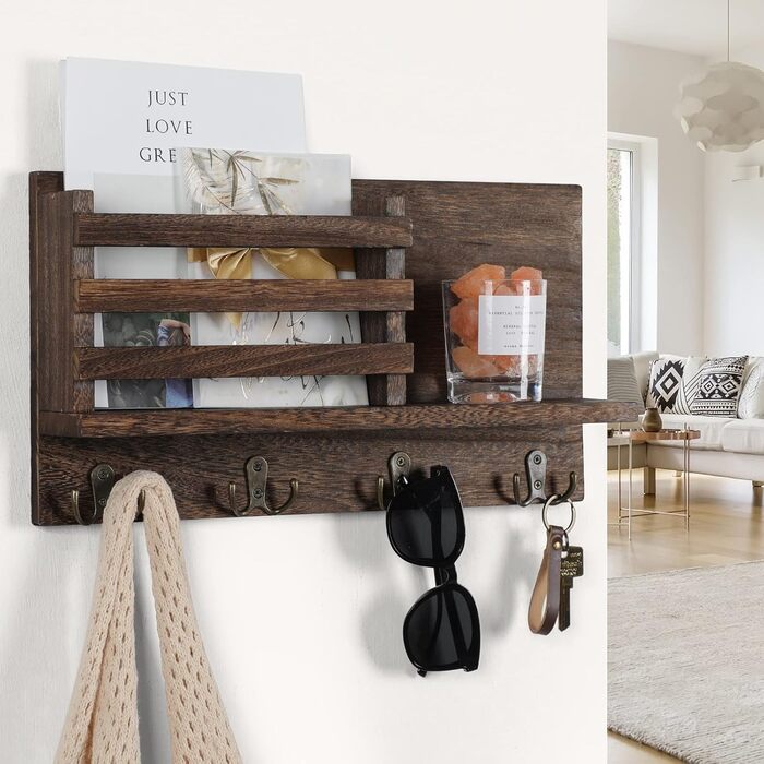 Keys and Mail Holder for Wall Rustic Natural Paulownia Wood 4 Double Hook Hanger Wall Organizer for Decoration, Bags, Accessories, Hardware and Manual Included (brown)