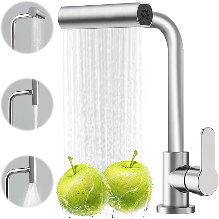 Кухонний змішувач Wasserhahn з поворотним виливом 360°, високий тиск, 4 режими струменя, з душом, з підключенням (нержавіюча сталь)
