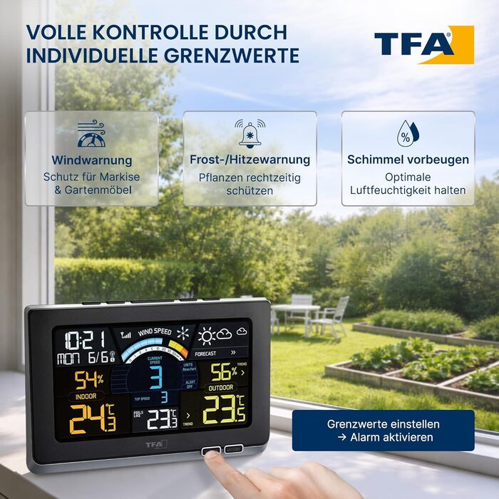Метеостанція TFA Dostmann Spring Breeze з анемометром, чорна: прогноз погоди, годинник, історія, точка роси