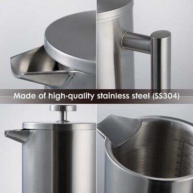 Набір для приготування кави френч-прес, термоізольований, з пітчером для спінювання молока, з нержавіючої сталі, 1 літр