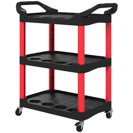 HOMCOM 3-Tier Workshop Utility Cart, Tool Cart with Handle, Hook Holes for Tools, Assembly Cart for Garage, Warehouse, Maximum Load Capacity 91 kg, Red+Black | Aosom