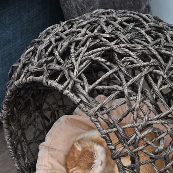 PawHut Rattan Cat House with Cushion, Cat Sleeping Place, Cat Cave with Raised Feet, Natural Ø52 x 58 cm (Silver Grey)