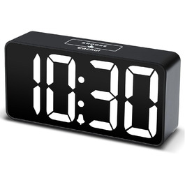 LED-годинник Eachui з USB-зарядкою, великий дисплей, регулювання яскравості та гучності, повторний сигнал, 12/24 год, цифровий годинник, живлення від мережі (чорний & білий)