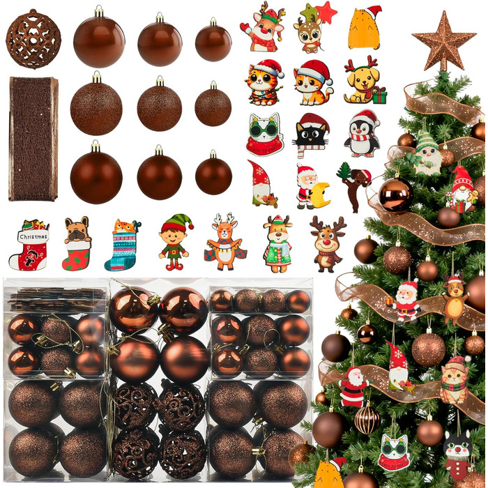 Набір прикрас на ялинку 101 шт. Пластикові кулі Рожеве золото Матові, Блискучі, з Гліттером, Ялинкові стрічки, Декор для дому та свят