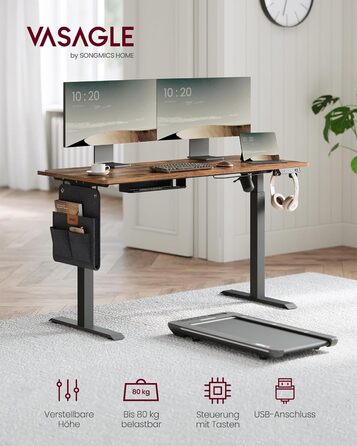 VASAGLE Electric Height Adjustable Desk, 60 x 120 x (72-120) cm, Memory Function, Wood & Steel Frame, Vintage Brown