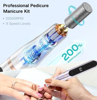 Електричний фрезер для нігтів бездротовий 12 в 1 професійний, манікюр/педикюр, USB, 9 швидкостей, 20000 об/хв (фіолетовий)
