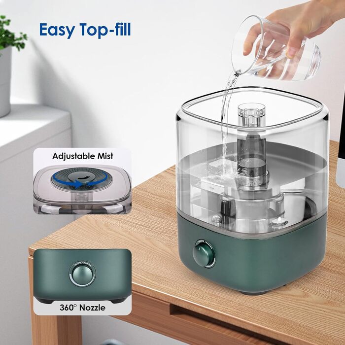 Humidifier Bedroom 5L, Vankarr Ultrasonic 28dB Quiet Air Humidifier Top-Fill Room Humidifier with 360° Swivel Nozzle, Increase Humidity for Children's Room, Office, Baby, Plants, Green