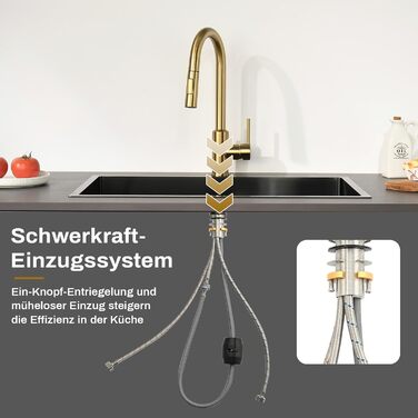 Змішувач кухонний з висувною лійкою та душовою насадкою, поворотний на 360°, 2 режими, нержавіюча сталь (золотий)