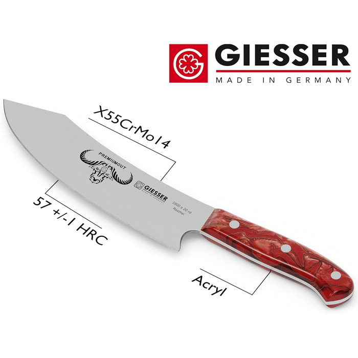 Ніж кухарський Giesser Red Diamond 20 см, PremiumCut No 1, Німеччина - професійний кухонний ніж з нержавіючої сталі, червоний акрил