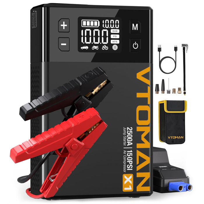 VTOMAN X1 Портативний пусковий пристрій з повітряним компресором, 2500A, акумуляторний, для автомобілів з бензиновими (до 8,5 л) та дизельними (до 6 л) двигунами, цифровий надувний насос 150 PSI, 12V, зарядний пристрій