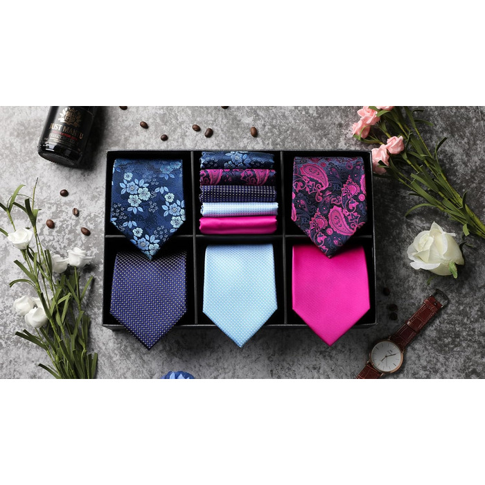 HISDERN Комплект краваток для чоловіків (5 шт.) з кишеньковим хустинкою. Класичні, елегантні краватки з шовку для весілля та особливих випадків. У подарунковій коробці.