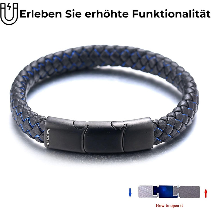 Чоловічий браслет Halukakah Solo з натуральної шкіри, чорний колір, регульований розмір 21.5-23 см, з нержавіючою сталею та шнуром червоно-синього кольору. Безкошовна подарункова коробка.