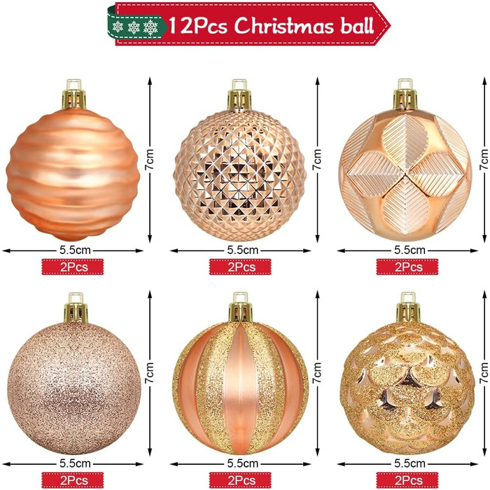 Новорічні кулі для ялинки, пластик, 6 см, набір 12 шт. (рожево-золотий)