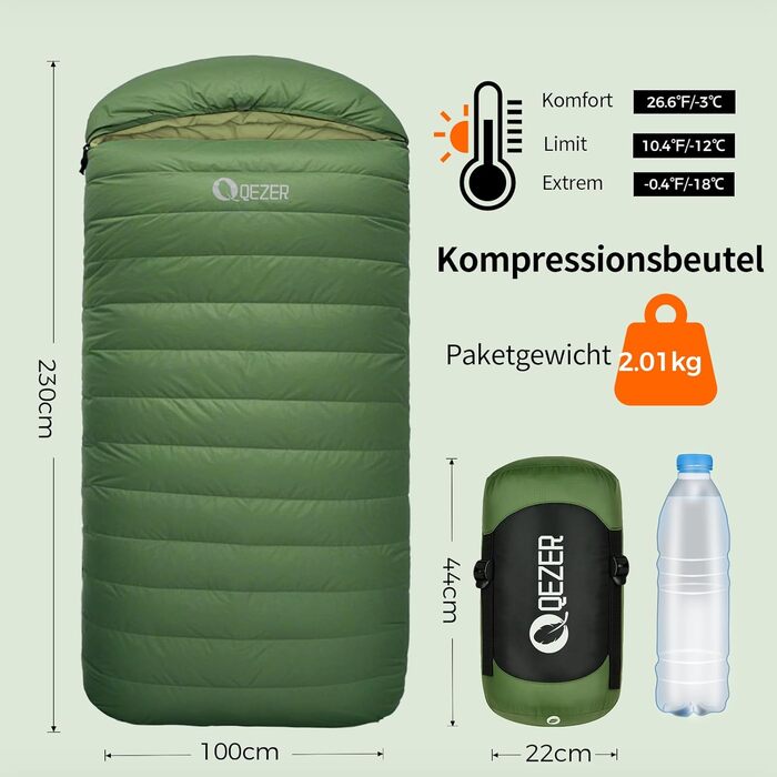 Спальний мішок XXL з пуху на 3-4 сезони, 230x100 см, для дорослих, кемпінг, походи, 3°C, чорний