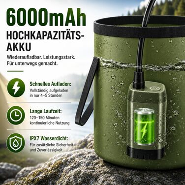 Romicta Портативний душ для кемпінгу з акумулятором 6000mAh та LED-дисплеєм – Складний душ, 4 режими розпилення, водонепроникний IPX7, для походу, подорожей, авто, тварин, активного відпочинку