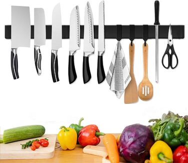 Improved 60cm Trhillsbrad Magnetic Knife Strip, 60cm Magnetic Knife Holder with 3 Hooks, Stainless Steel Knife Rail Self-Adhesive, Black Wall Mount Magnetic Strip No Drilling Knife Holder