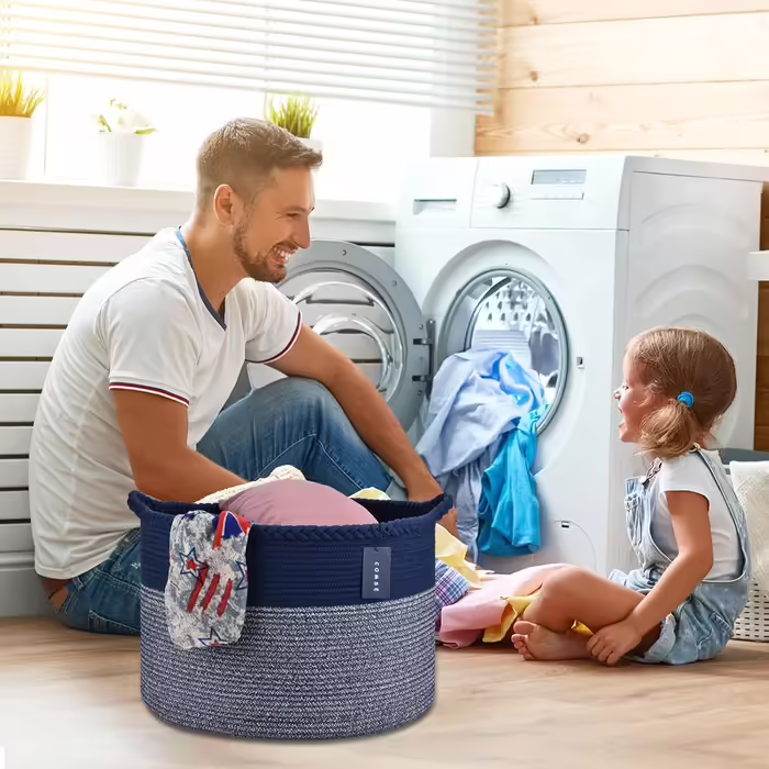 COMSE Extra Large Ceiling Basket, Woven Laundry Basket, 55 x 35 cm, Kids' Room, Cotton Rope, Laundry Basket, Living Room, for Storing Toys, Clothes, Towels, Black/Gray (Navy Blue)