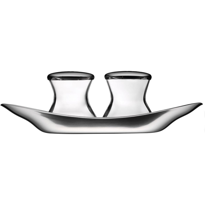WMF Wagenfeld Shaker Set, 3-piece, Max and Moritz, shaker with plate, salt shaker, pepper shaker, glass, brushed Cromargan stainless steel, dishwasher safe