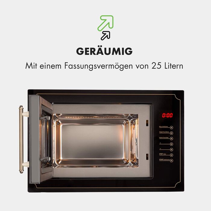 Мікрохвильова піч Klarstein Victoria 20 - вбудована, 20 л, 800 Вт, гриль 1000 Вт, нержавіюча сталь, з рамкою для вбудовування, чорна