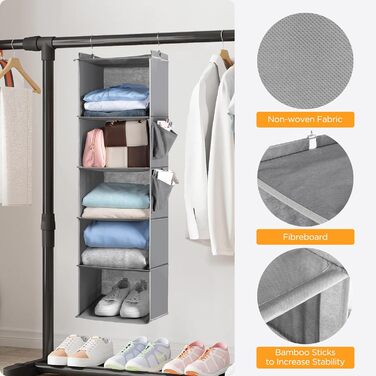 Органайзер для шафи Cozary з 5 відділеннями, складаний, з металевими гачками - сірий