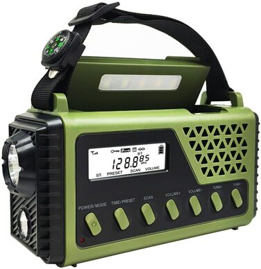 Радіо з ручкою OBEST з акумулятором 8000mAh, USB-зарядкою, компасом та дисплеєм, сонячне та ручне радіо для надзвичайних ситуацій, FM-радіо, ліхтар та світло для читання, SOS-сигнал, для кемпінгу, надзвичайних ситуацій та відключень електроенергії, чорний