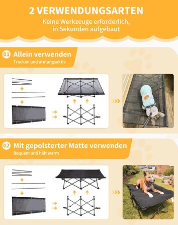 КінгКемп лежанка для собак, піднята лежанка для домашніх тварин, лежанка для собак на відкритому повітрі, чорна, 57 x 57 x 23 см (126 x 66 x 33 см)