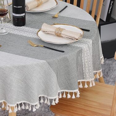 SUCHDECO Linen Tablecloth Round 140 cm Washable Cotton Tablecloth Wrinkle-Free Dustproof with Tassels Strip Embroidery for Kitchen, Dining Room, Dining Table, Coffee Table, Garden Table, Grey